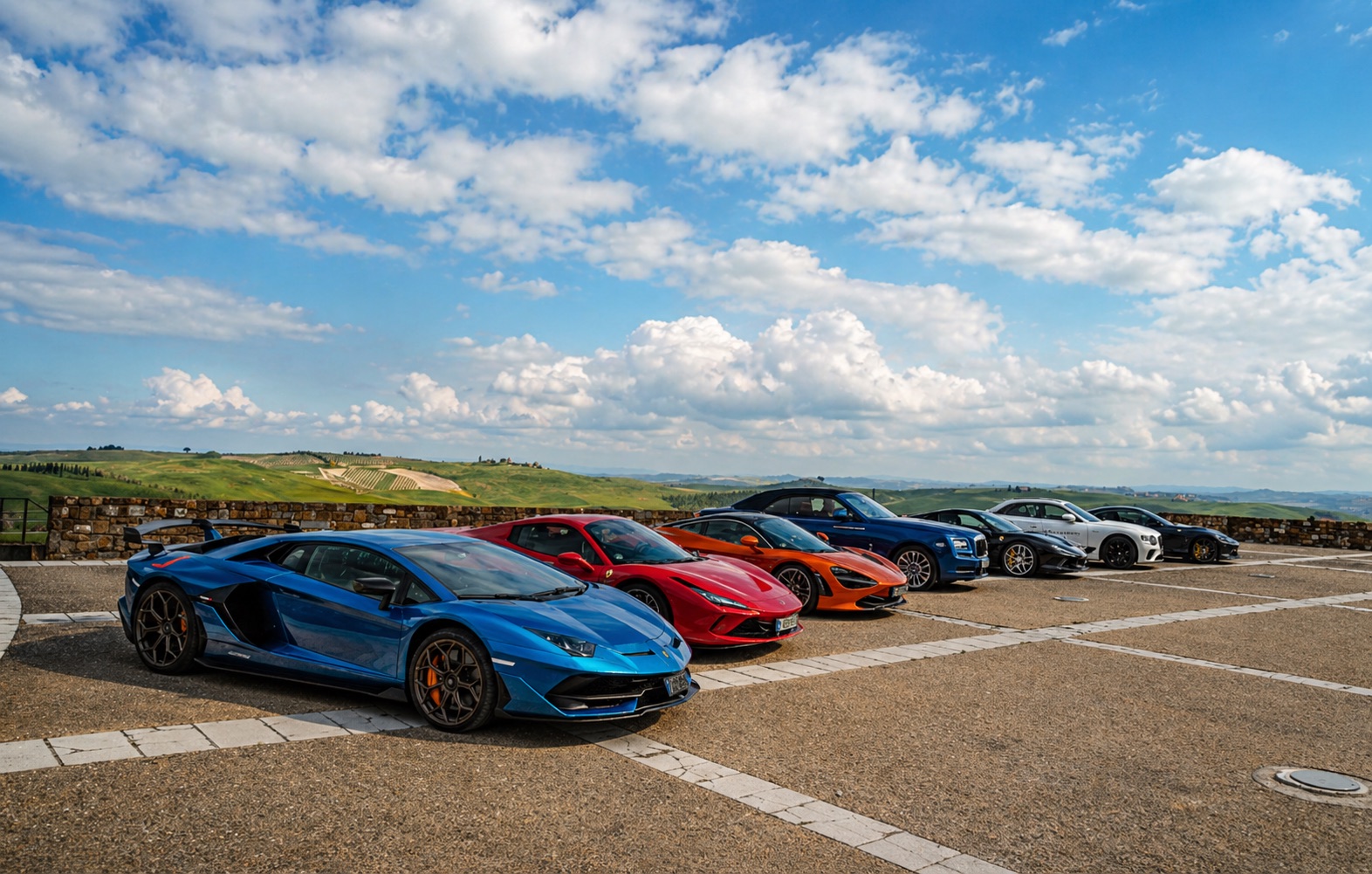 Supercars with Tuscan landscape